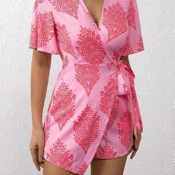 Pink Boho Womens Allover Print Knot Side Wrap Romper - Picture 5 of 5